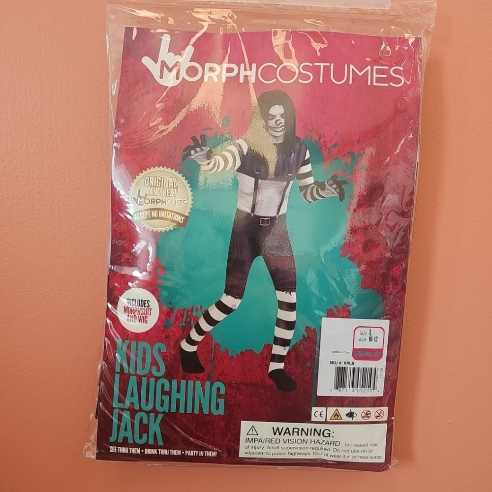 NIP Morph Costumes Kids L(10-12) Laughing Jack Halloween Morphsuit & Wig